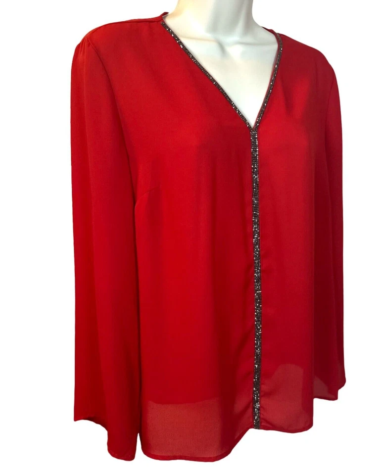 Blusa Liz Claiborne Feminina Guarnição de Lantejoulas Vermelha Manga Longa Tamanho Médio Pequena - Imagem 2 de 4