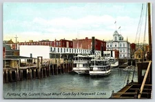 Portland Maine Custom House Wharf Casco Bay & Harpswell Lines Steamship Postcard