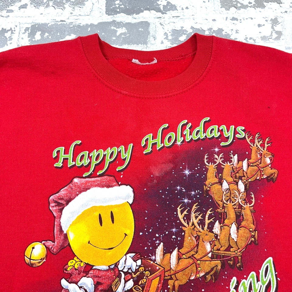 Vintage Christmas Sweater Women Large Red Crew Neck Sweatshirt USA 90s Smiley - Image 3 of 4