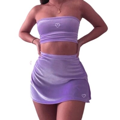 Womens Purple Velour Velvet Piece Outfit Crop Top Skirt Set