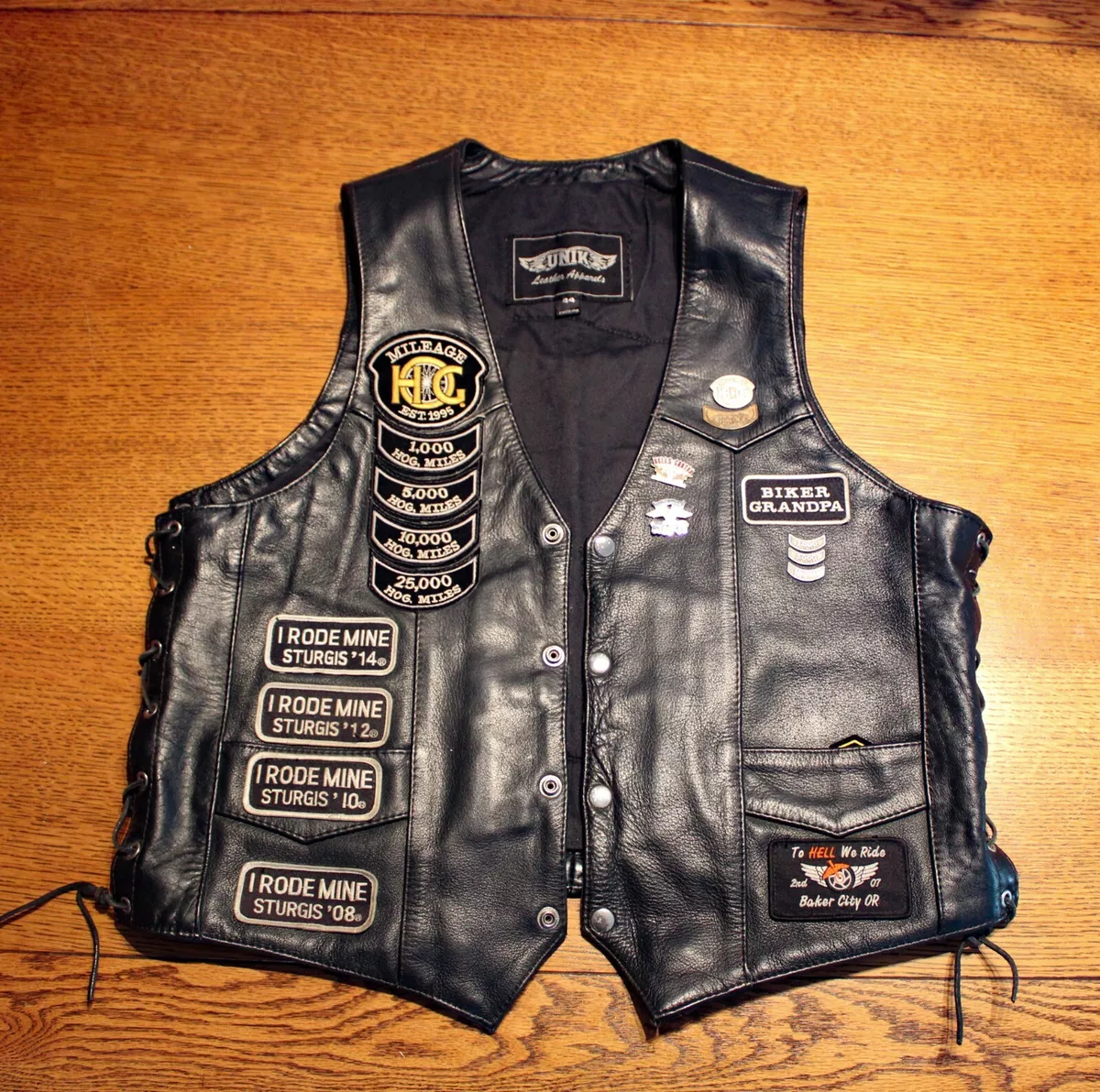 Vintage Harley Davidson Owners Group Leather Vest with Sturgis Patches &  Pins