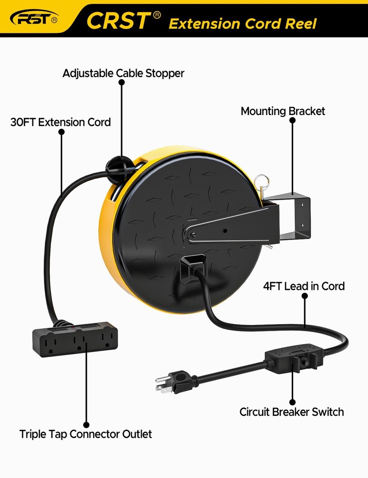 30 FT Retractable Extension Cord Reel 16AWG w/Adjustable Cable Stopper
