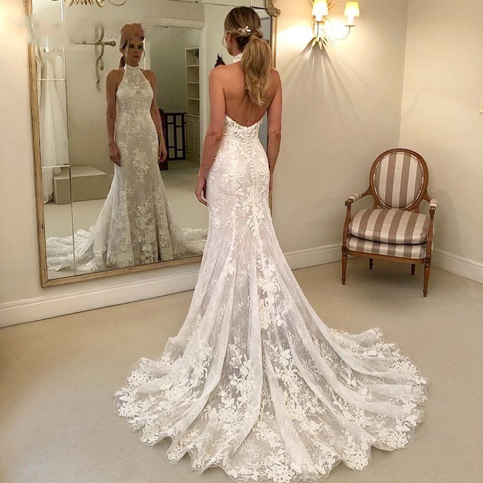 White Mermaid Halter Sweep Train Wedding Dress with Lace