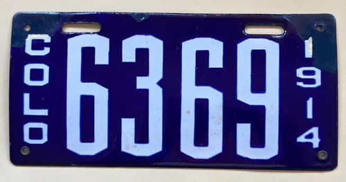 EXCEPTIONAL 1914 COLORADO PORCELAIN LICENSE PLATE #6369 VINTAGE ENAMEL ANTIQUE