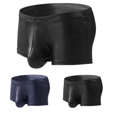 Fashionable Men's Black Boxers with U Pouch Wet Look Imitation Leather Style