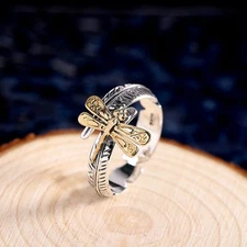 Women Men Real S925 Sterling Silver Band Lucky Dragonfly Leaf Open Feather Ring