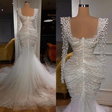 Luxury Pearl Mermaid Wedding Dress with Perspective Long Sleeve Lace Bridal Gown