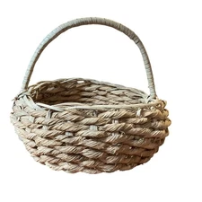 Large Handwoven Seagrass Gathering Basket Vintage Farmhouse Decor 12"H x 14"W