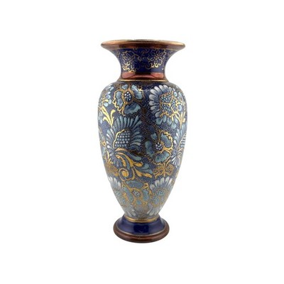 Jugendstil Vase blau floral vergoldet Dekoration Keramik 25,5 cm Vintage