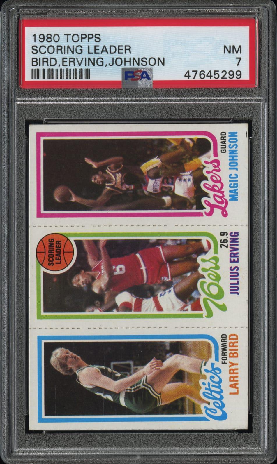 1980 TOPPS SCORING LEADER JULIUS ERVING/LARRY BIRD/MAGIC JOHNSON PSA 7