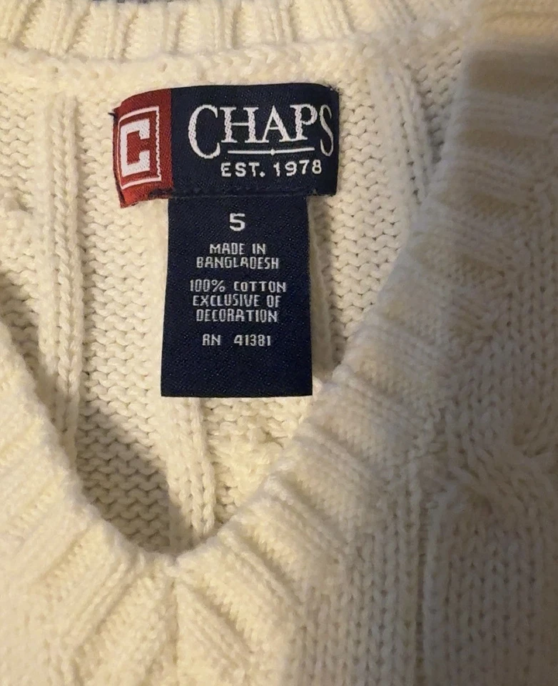 Chaps Suéter Chaleco Niños Jóvenes Talla 5 Crema Marfil Cable Tejido Cuello en V Algodón Logo Foto 3 de 4