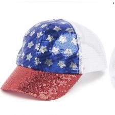 NWT USA Patriotic Sequin Flag Mesh Baseball Hat COLLECTION EIGHTEEN O/S July 4th