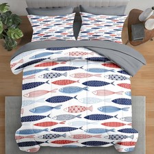 Comforter Set Twin Size, Fish Blue Summer 5 Pcs Bedding for Kids and Adults, ...