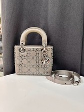 Authentic Dior Lady Dior 3-Charms Gray Satin Crystal Bag France