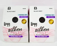 2 L'eggs Silken Mist Ultra Sheer Leg Control Top Pantyhose BLACK MIST Size B