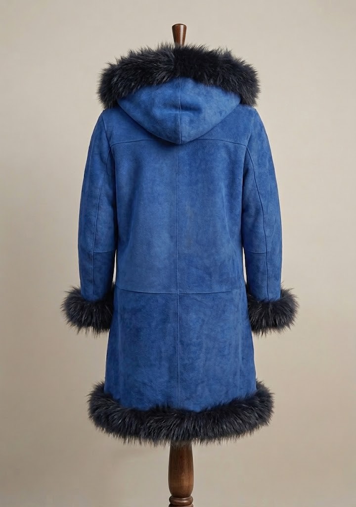Womens Blue Suede Leather Coat Black Fur Trim Afghan Style Long Jacket Boho Wint image 3