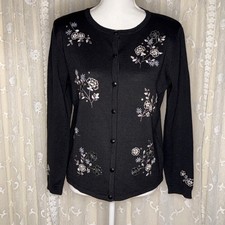 Vintage Alfred Dunner Black Tight Knit Beaded  Embroidered Cardigan SZ P Large