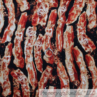 BonEful FABRIC FQ Cotton Quilt Black Brown Red Gold BACON Pig Food Dog Treat Boy