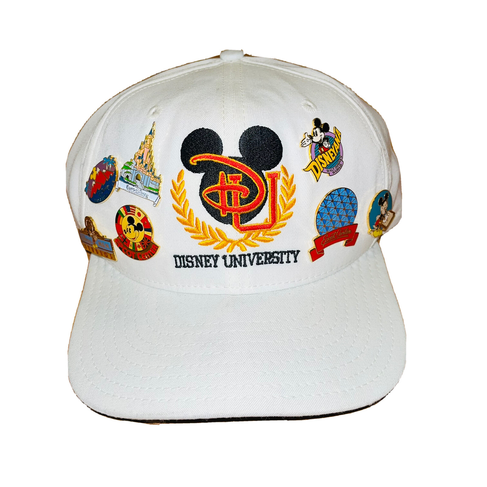 Disney University Vintage 90s Trucker New Era Baseball Cap White Snapback w/Pins