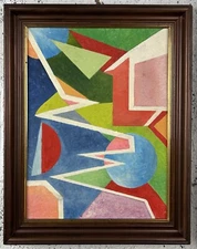 Original Oil Antique Abstract Painting, Suprematism Art, Signed , Framed