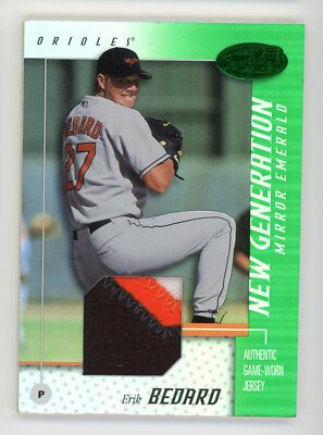 ERIK BEDARD RC 2002 LEAF CERTIFIED MIRROR EMERALD 5/5 BALT ORIOLES LOGO PATCH