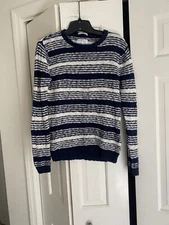 Gant Navy Blue Ivory Slubber Men's Cotton Crewneck Sweater Small