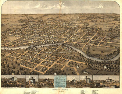 Panoramic Map of South Bend Indiana 16x20
