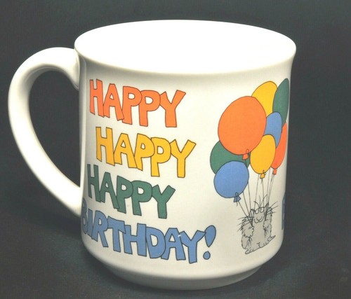 Vintage 1991 Sandra Boynton Coffee Mug Cup Happy Birthday Color Balloons w/ Cat! - Picture 2 of 4