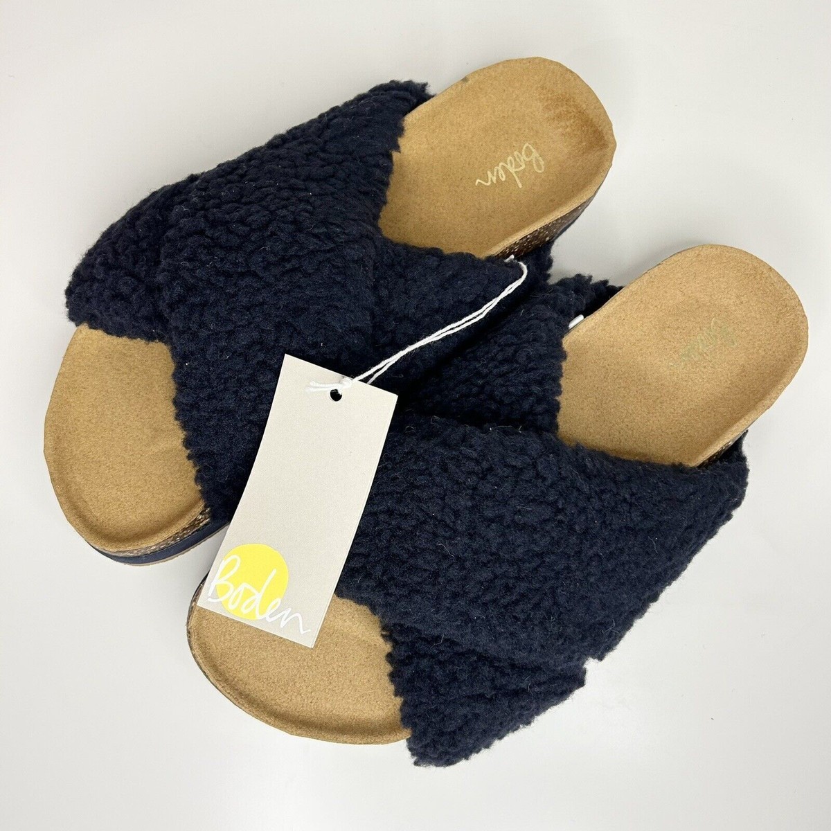 Boden Fluffy Sherpa Slides Slippers Size 39 UK Navy Blue RRP £42