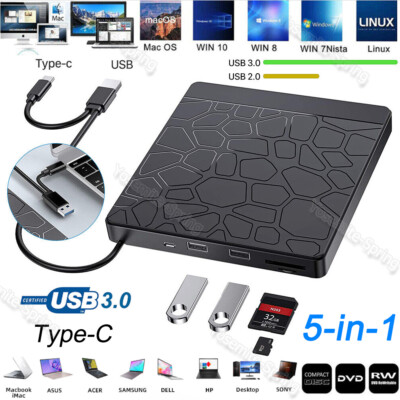 External CD DVD Drive Type C USB 3.0 Disc Player Burner Writer For Laptop PC Mac
