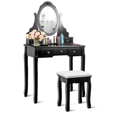 Vanity Jewelry Wooden Makeup Dressing Table Set W/Stool Mirror & 5 Drawers Black