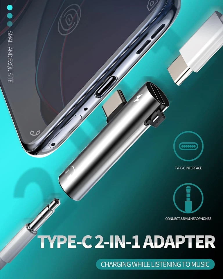 2 in 1 Type-C USB C to 3.5mm AUX Audio Headphone Jack Adapter Charger Cable New - Image 2 of 4