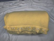Sears 100 Acrylic Waffle Weave Blanket Yellow Embroidered Floral Trim 87"X66"