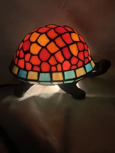 Vintage Cast Iron Tiffany Style Stained Glass Turtle Lamp Night Light Accent
