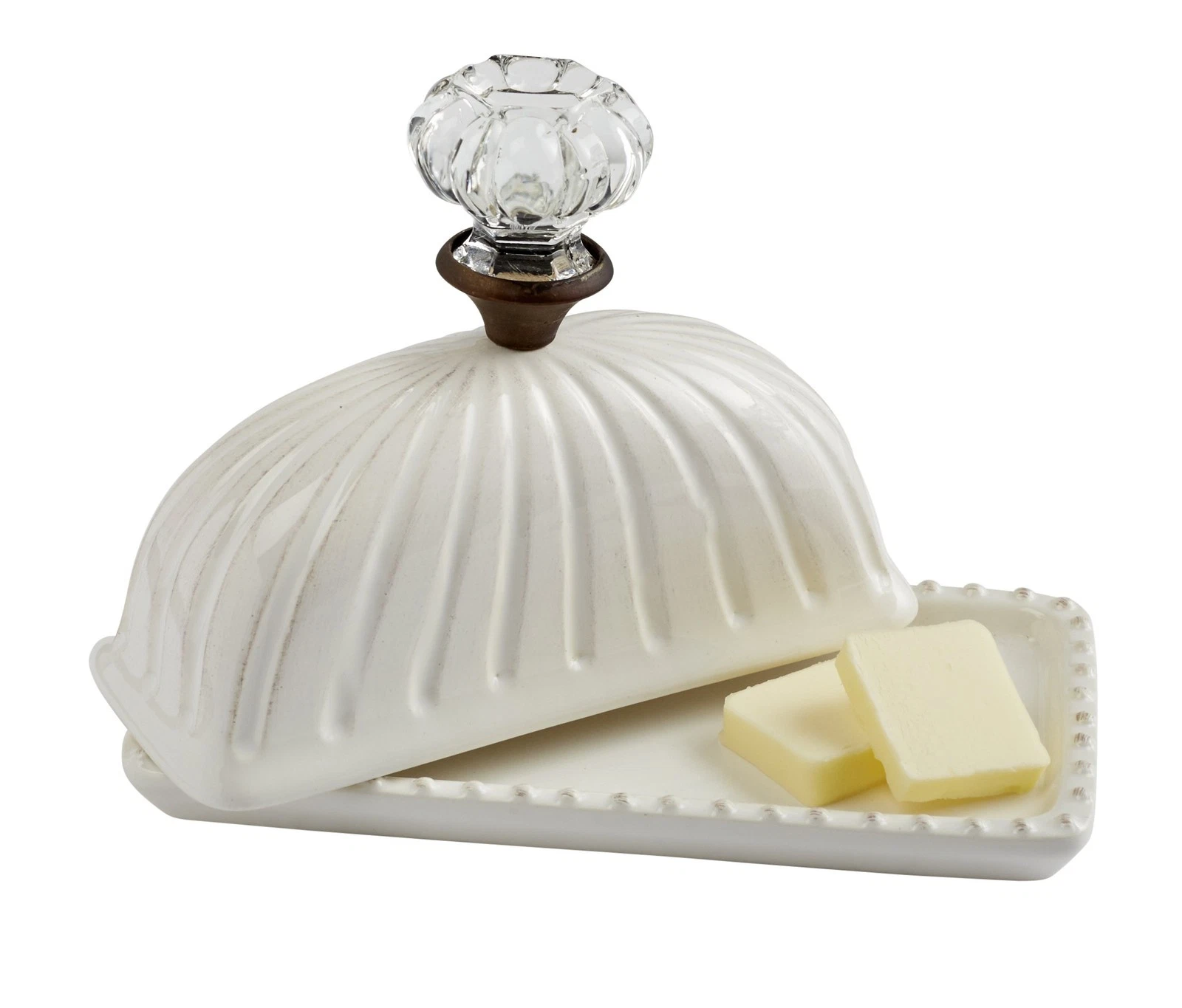 Vintage Inspired White Ceramic Butter Dish Set with Knob Lid and Beaded Edge