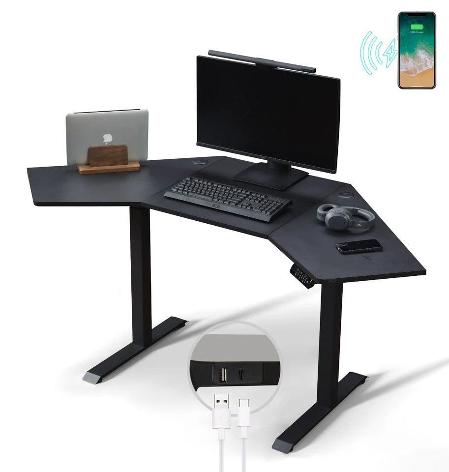 Height Adjustable Corner Standing Desk Wireless Charger & USB C Fast Chargers - Image 2 of 4