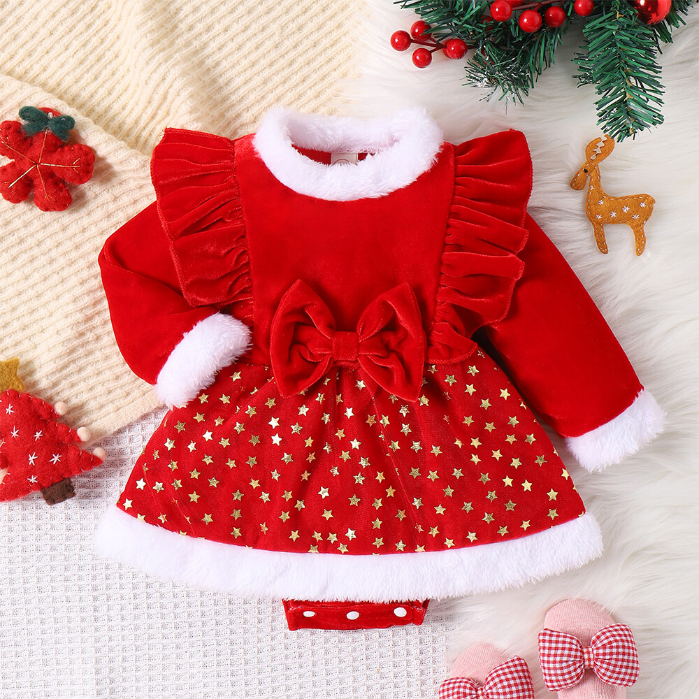 Newborn Baby Girl Long Sleeve Christmas Tops Romper Dress Skirts Party