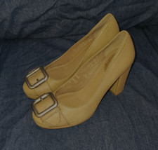 Fossil Maddox Womens 8 3.5" Block Heels Slip On Leather Camel Beige Buckle Pumps