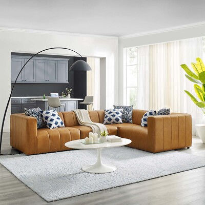 Modway Bartlett Channel Tufted Vegan Leather 4-Piece Sectional Sofa in Tan