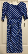NWT Robbie Bee PS blue white striped short sleeve side gathered sheath dress