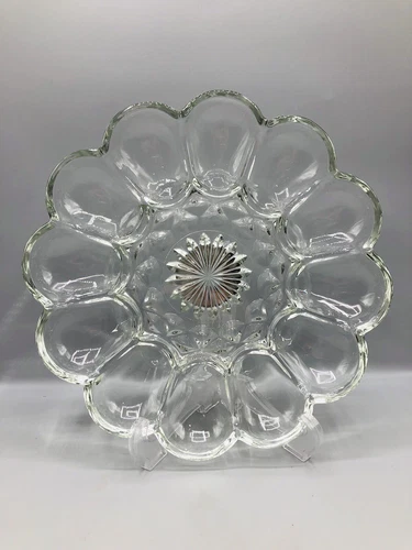 Vtg 10” Clear Glass Anchor Hocking Fairfield Deviled Egg Dish, 12 Cavities