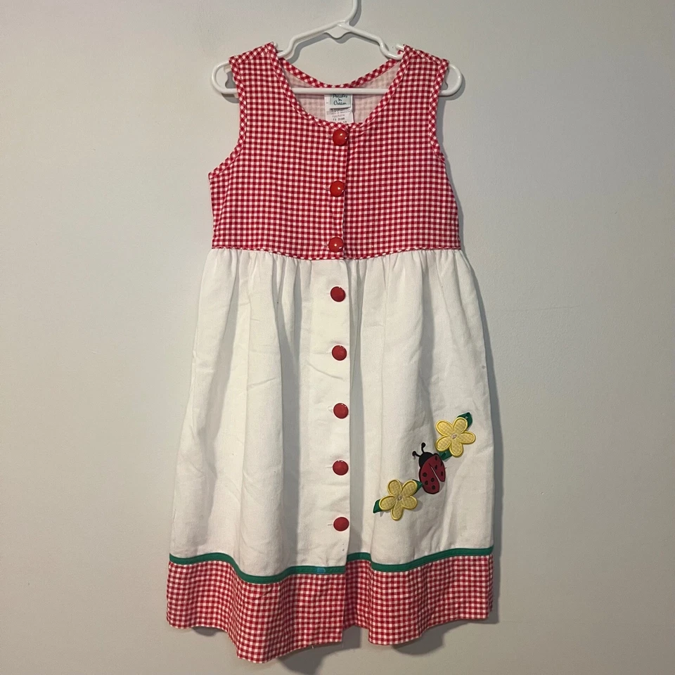 Vintage Peaches Cream Gingham Dress Ladybug Applique Buttons Sleeveless Size 6 - Image 4 of 4