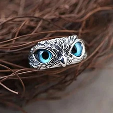 Adjustable Blue Owl Eye Rings Silver Plated Antique Finish Unisex Fashion Jewelr