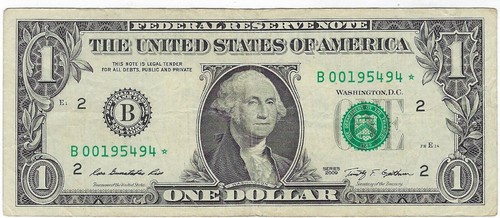 US $1 FRN Star Note,Fancy Serial No- 1954 9 4 + Gift! RR3E