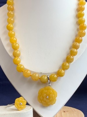 Sterling Silver D'Joy Yellow Jade Jewelry Set Clear Stones Hand Knotted *READ*