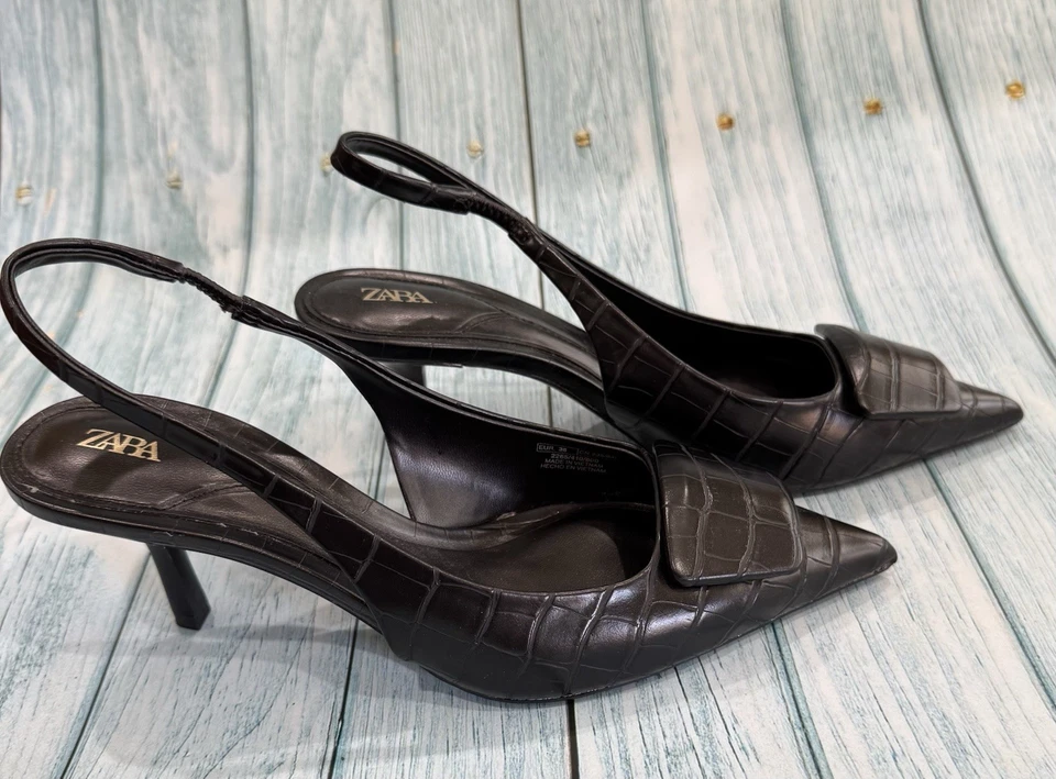 Zara Womens Slingback Pumps Size 5.5 or 36 Black Alligator Print - Image 4 of 4