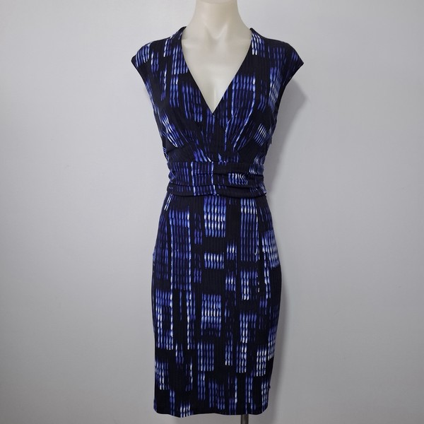 Calvin Klein Dress Size 12 Black Blue V Neck Sleeveless Sheath Work