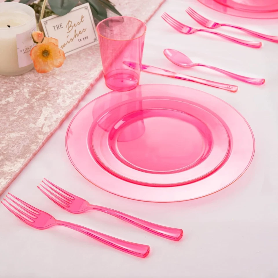 Guest pink plate with pink plastic silverware and pink cups - Image 3 of 4