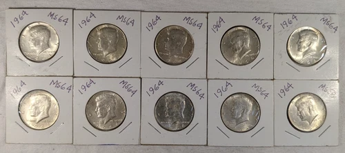 LOT OF 10 UNC 1964 KENNEDY HALF DOLLAR COINS $5 FACE VALUE UNCIRCULATED #80