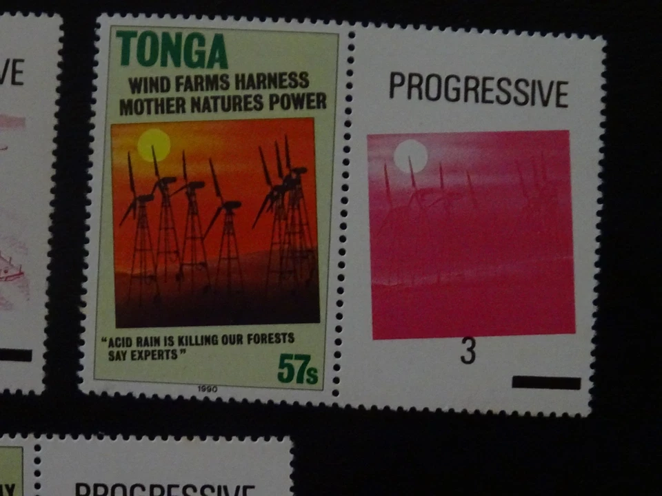Juego de 3+3 etiquetas de fuentes alternativas de electricidad de Tonga SG1069/71 1990. Foto 3 de 4